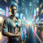 A middle-aged Australian man stands alone on a neon-lit city street at night, his gaze thoughtful. A faint surgical scar on his chest marks his 100-day journey with a titanium heart.