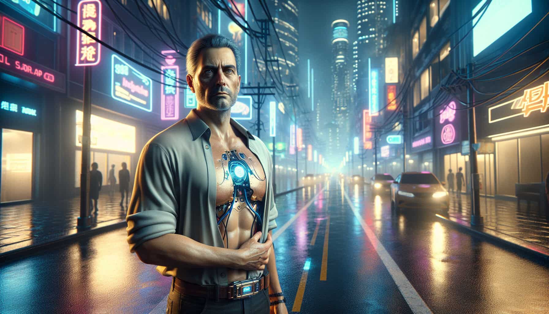 A middle-aged Australian man stands alone on a neon-lit city street at night, his gaze thoughtful. A faint surgical scar on his chest marks his 100-day journey with a titanium heart.
