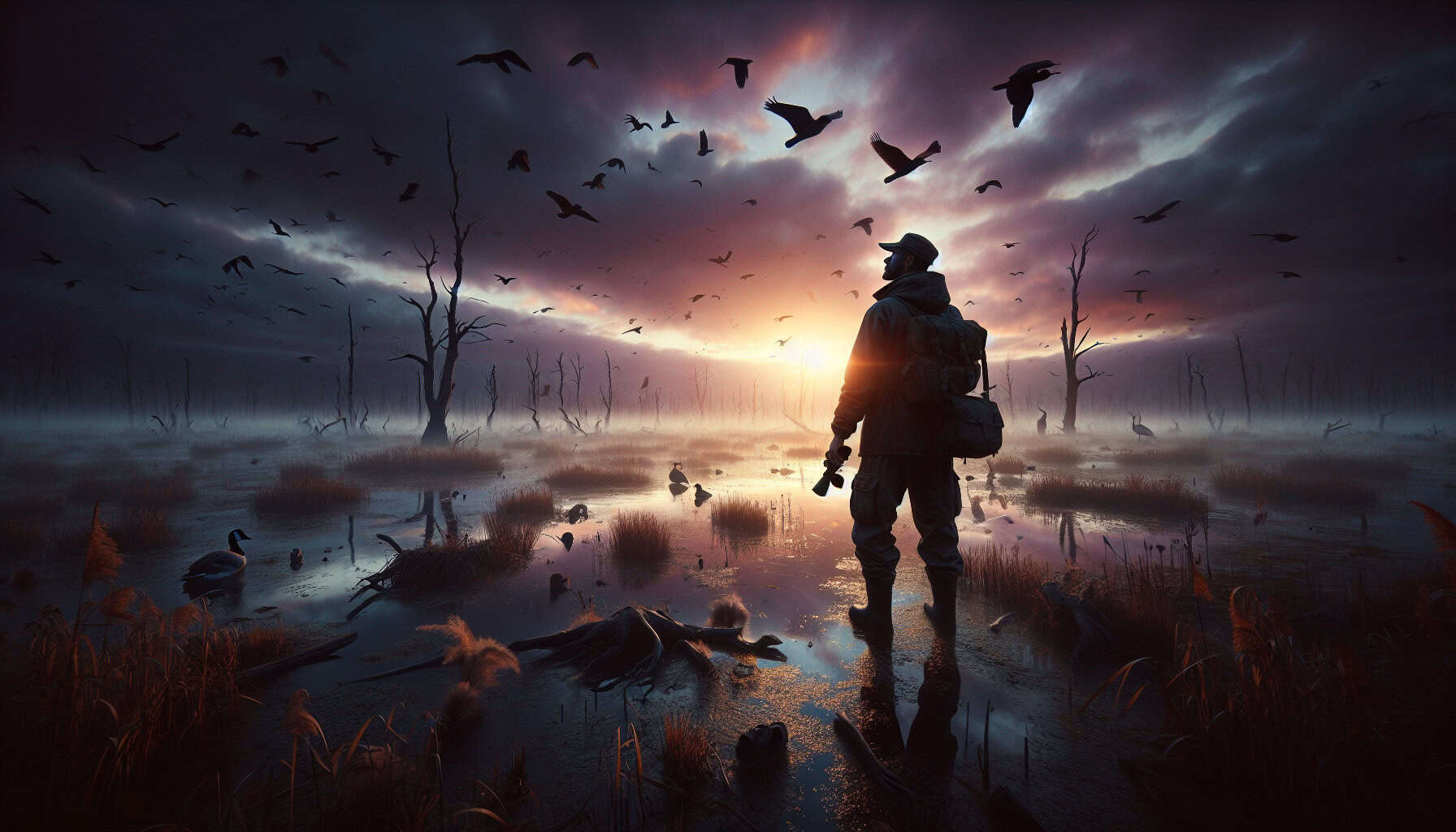 A lone birdwatcher stands in a misty wetland at dawn, gazing at the near-empty sky. Fallen feathers and empty nests symbolize vanishing bird populations.