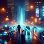 A neon-lit San Francisco night where AI-driven robotaxis glide past a lone human driver, evoking a cyberpunk clash between nostalgia and automation.