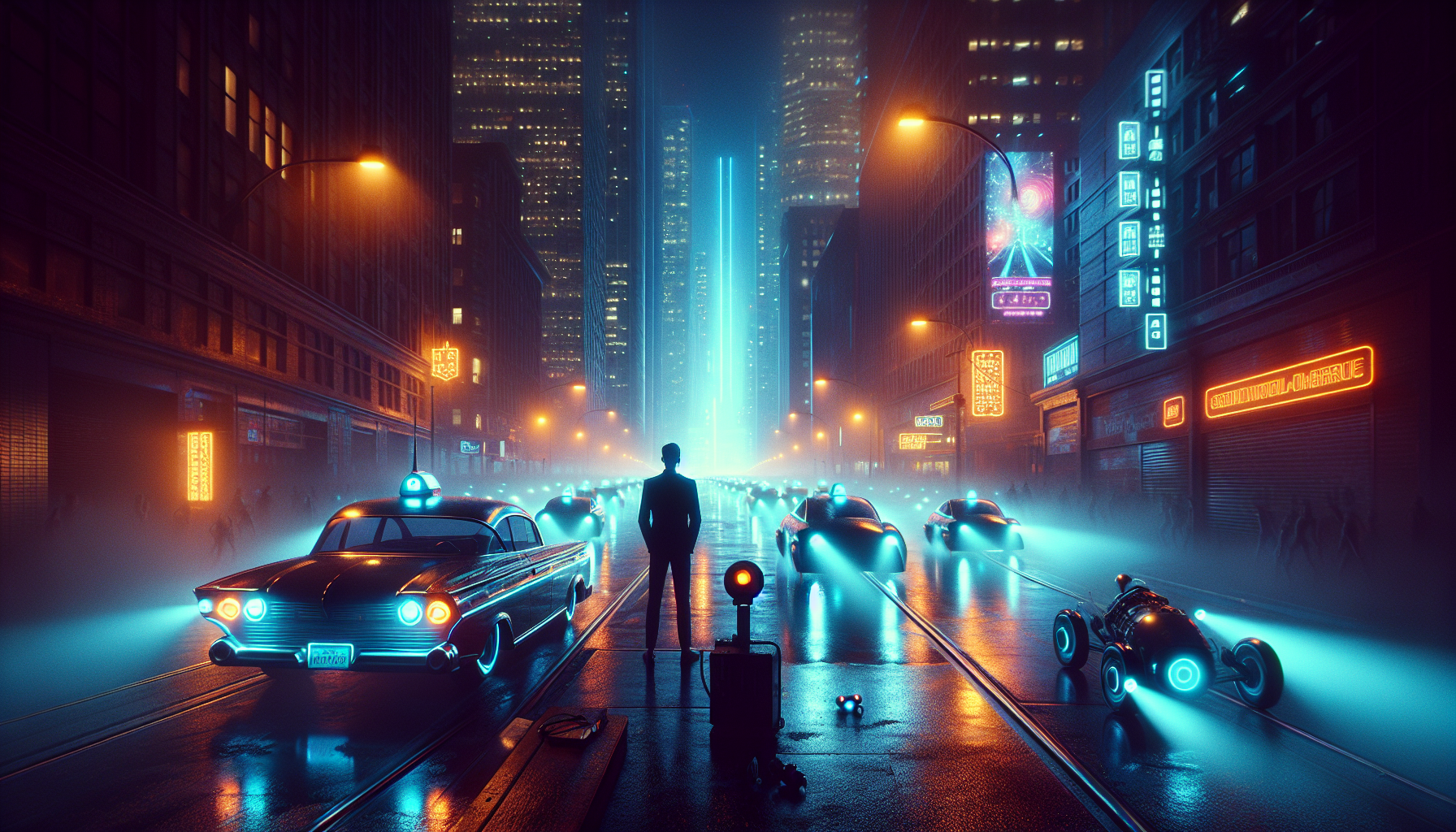 A neon-lit San Francisco night where AI-driven robotaxis glide past a lone human driver, evoking a cyberpunk clash between nostalgia and automation.