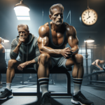 A dramatic gym scene featuring identical Finnish twin brothers—one intensely sweating post-workout, the other casually sipping coffee—symbolizing the debate on exercise and longevity.