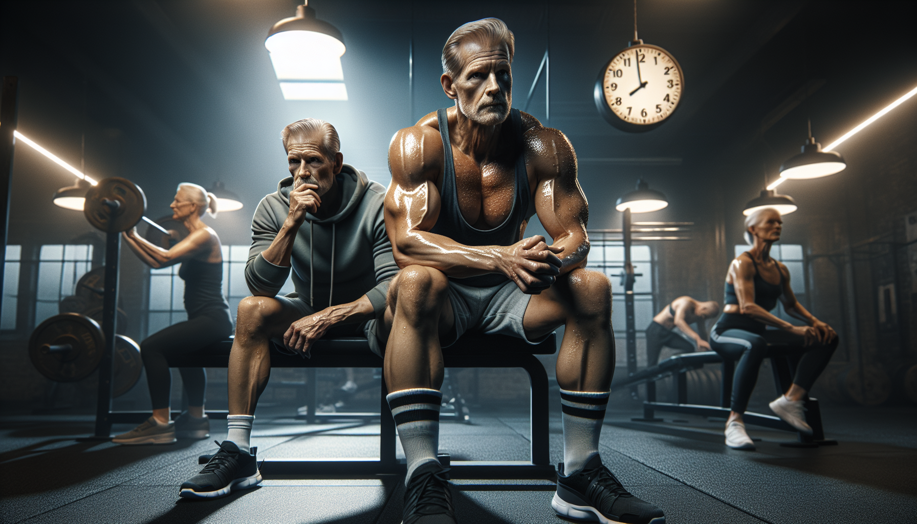 A dramatic gym scene featuring identical Finnish twin brothers—one intensely sweating post-workout, the other casually sipping coffee—symbolizing the debate on exercise and longevity.