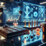 A cinematic close-up of a futuristic chocolate lab, featuring probiotic-infused chocolate bars, glowing lab equipment, and scientists analyzing textures and flavors.