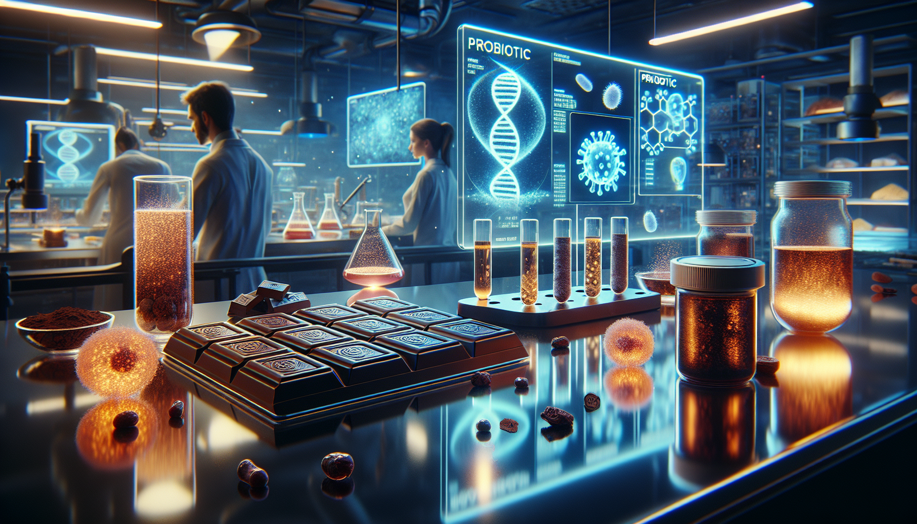 A cinematic close-up of a futuristic chocolate lab, featuring probiotic-infused chocolate bars, glowing lab equipment, and scientists analyzing textures and flavors.