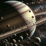 A cinematic view of Saturn encircled by 274 chaotic moons, some rocky and jagged, others icy, all careening wildly in erratic orbits against a starry backdrop.