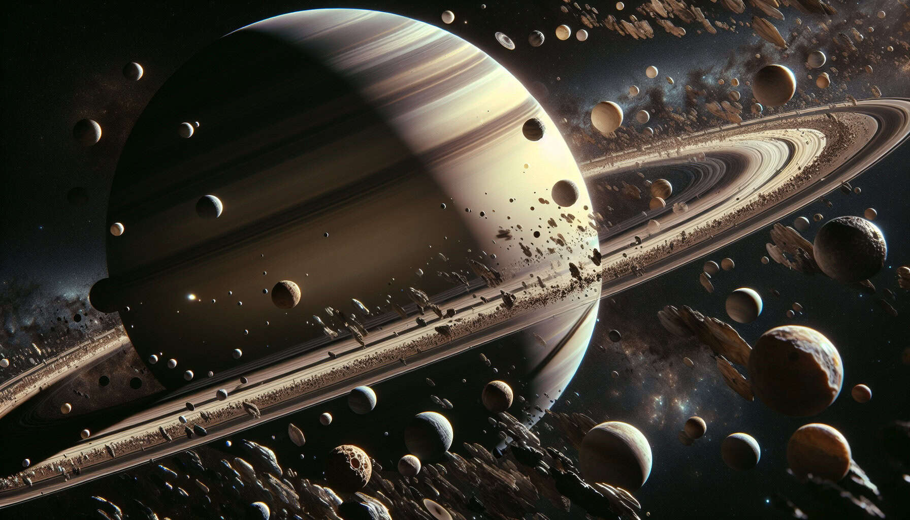 A cinematic view of Saturn encircled by 274 chaotic moons, some rocky and jagged, others icy, all careening wildly in erratic orbits against a starry backdrop.