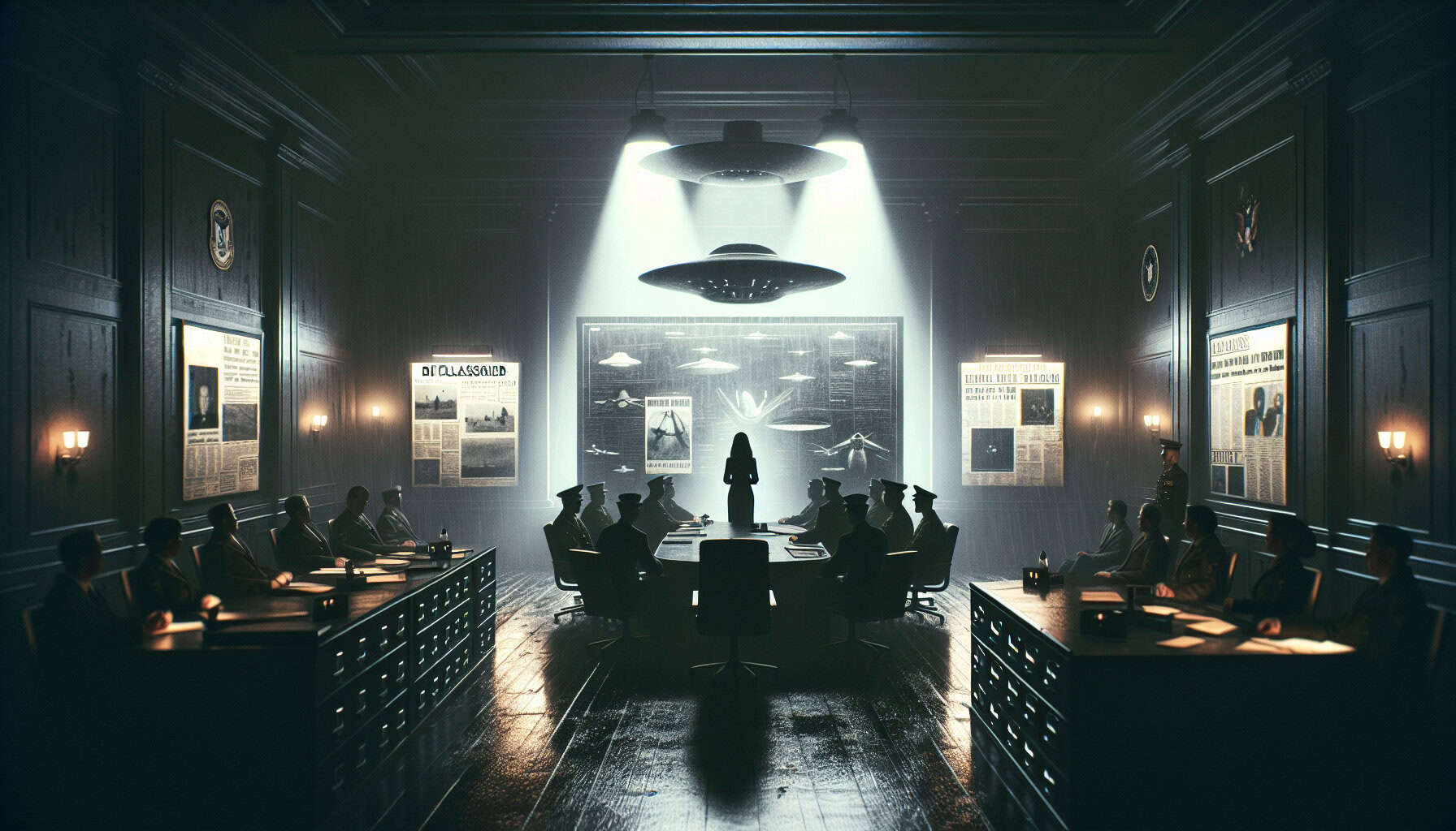 A dimly lit government briefing room filled with classified UFO documents, military officials, and a shadowy intelligence officer addressing a tense audience under a flickering overhead lamp.