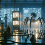A 3D-printed, six-legged soft robot emerges from a futuristic printer in a dimly lit lab, illuminated by moody industrial lighting and trailing pneumatic hoses.