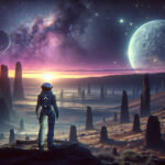 A lone astronaut stands on an alien cliff at twilight, overlooking a vast, eerie landscape with broken tech and distant cosmic structures under a starry sky.