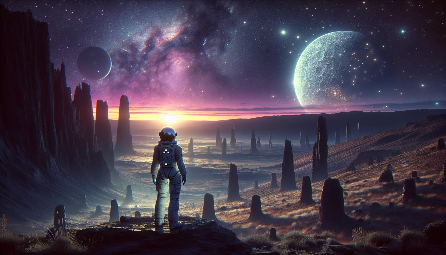A lone astronaut stands on an alien cliff at twilight, overlooking a vast, eerie landscape with broken tech and distant cosmic structures under a starry sky.