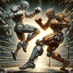 Two humanoid robots in a boxing match inside a neon-lit futuristic arena, cyberpunk style.