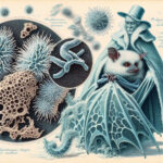 Scientists in a cyberpunk lab analyzing fungal species under a microscope, with a sci-fi atmosphere.