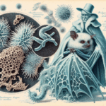 Scientists in a cyberpunk lab analyzing fungal species under a microscope, with a sci-fi atmosphere.