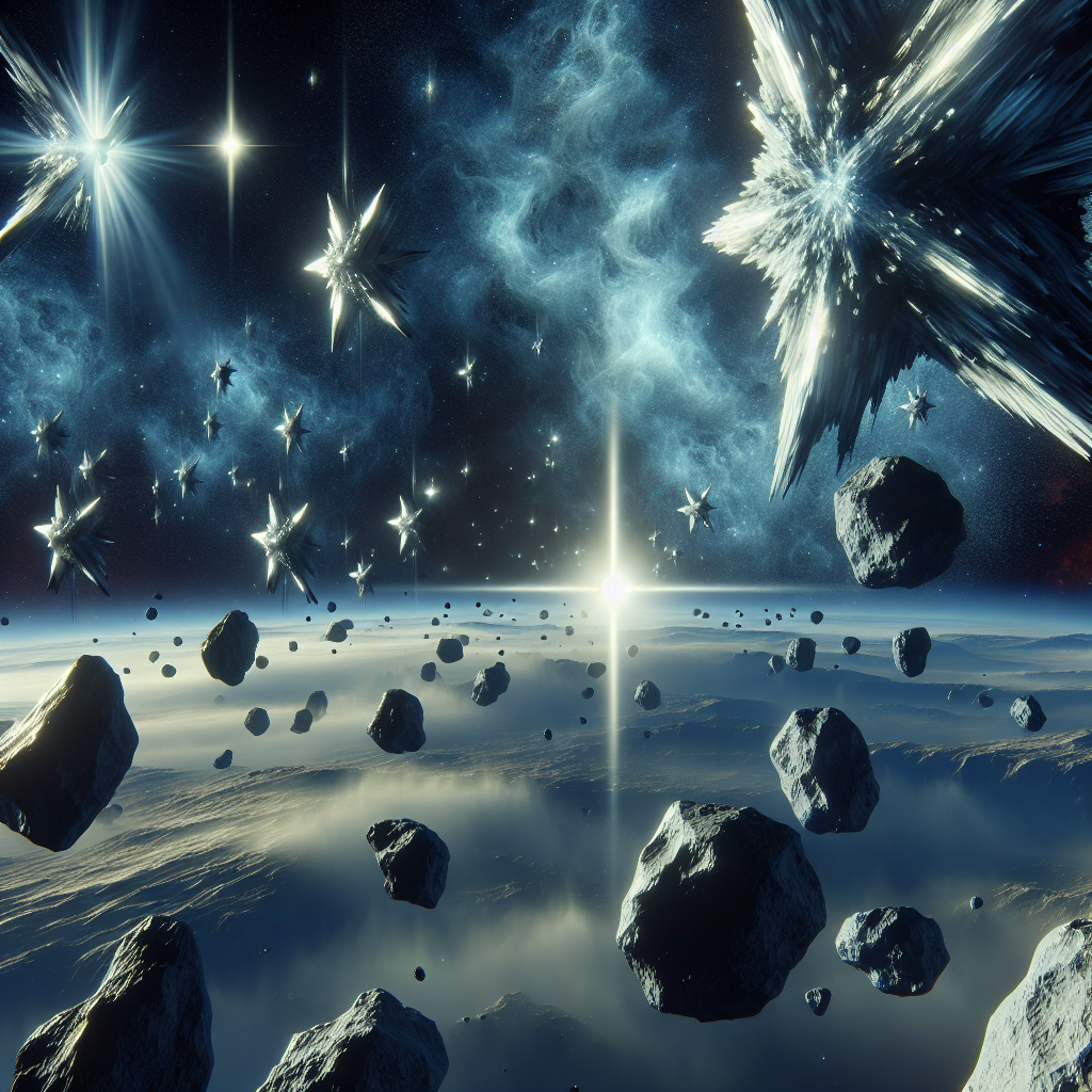 A cyberpunk-style observatory scanning the sky for asteroids, with a futuristic cityscape in the background.