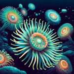 Scientific illustration of a sea anemone with molecular structures, showcasing BMP shuttling.