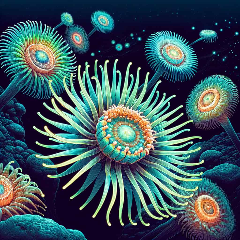 Scientific illustration of a sea anemone with molecular structures, showcasing BMP shuttling.