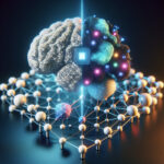 Futuristic AI interface with digital neurons in a cyberpunk style, showcasing a brain-like network.