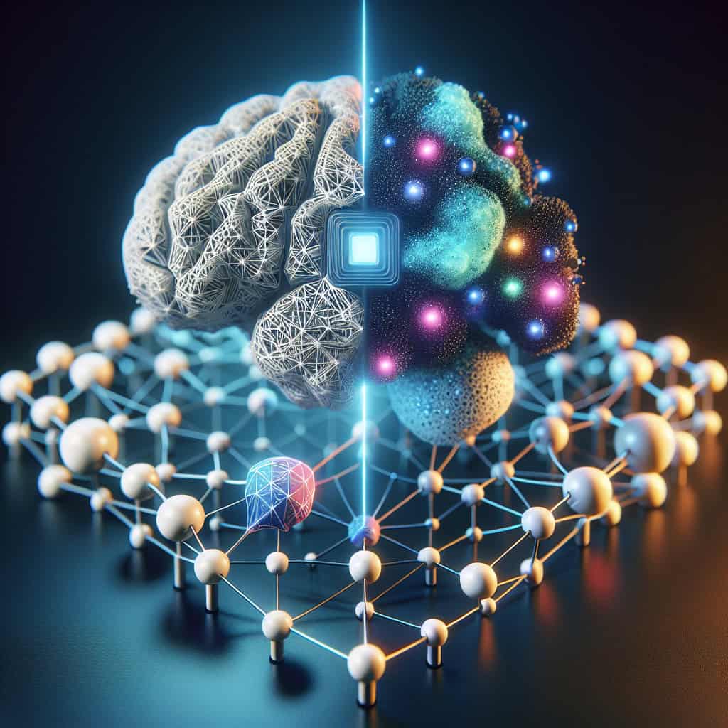 Futuristic AI interface with digital neurons in a cyberpunk style, showcasing a brain-like network.