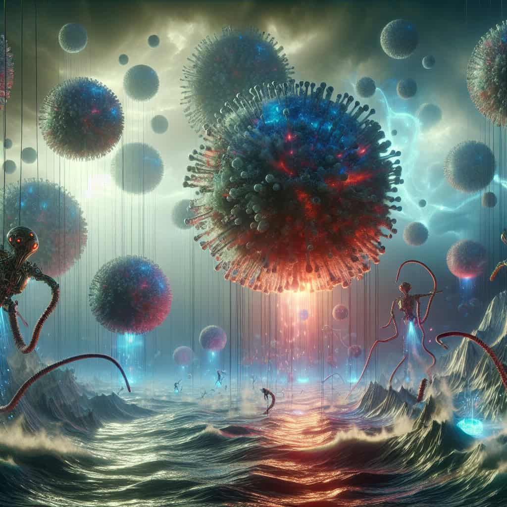 Cyberpunk-style depiction of giant viruses interacting with algae in ocean depths.
