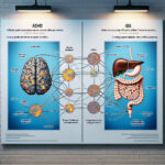Scientific illustration showing the connection between gut microbiome and brain, highlighting ADHD and IBS.