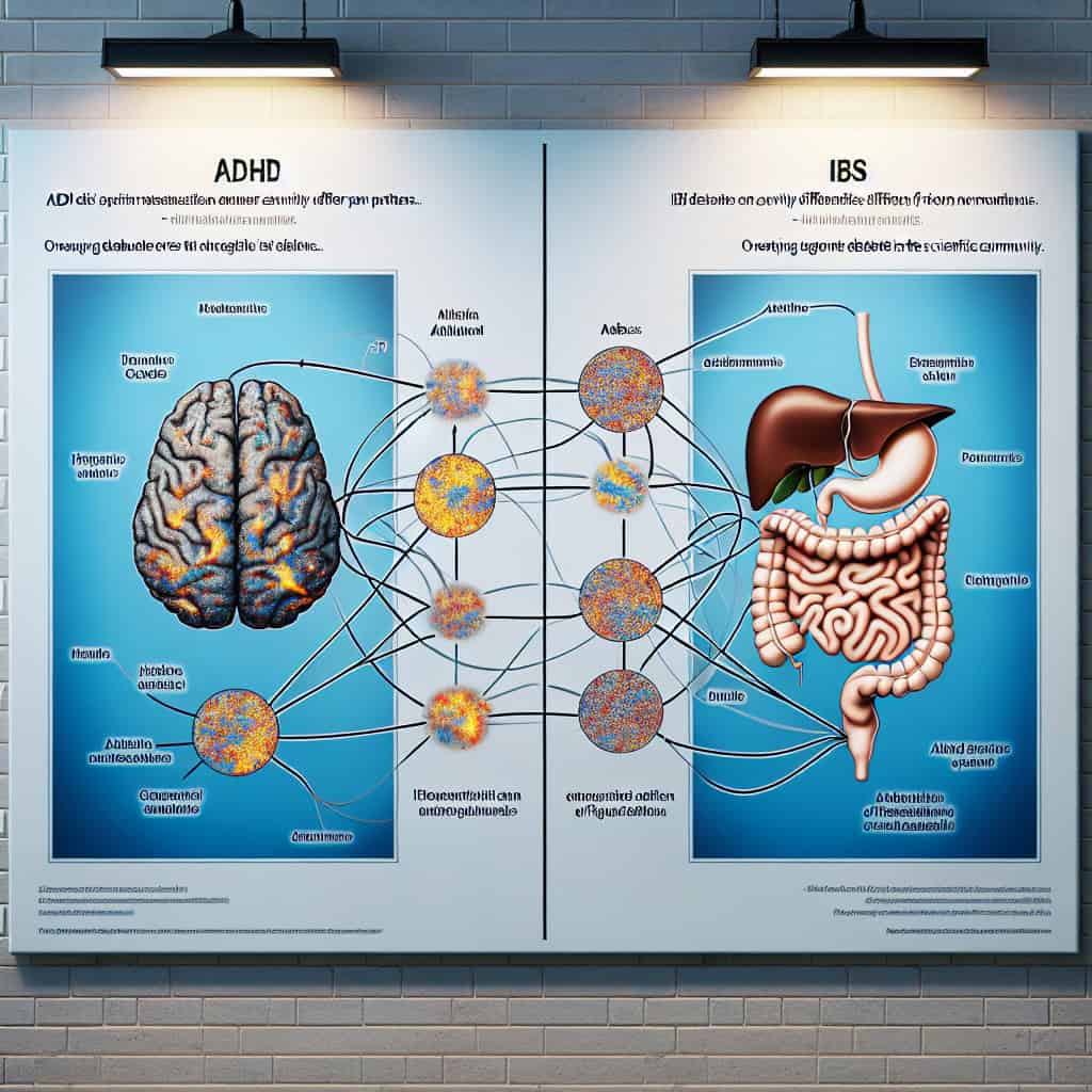 Scientific illustration showing the connection between gut microbiome and brain, highlighting ADHD and IBS.