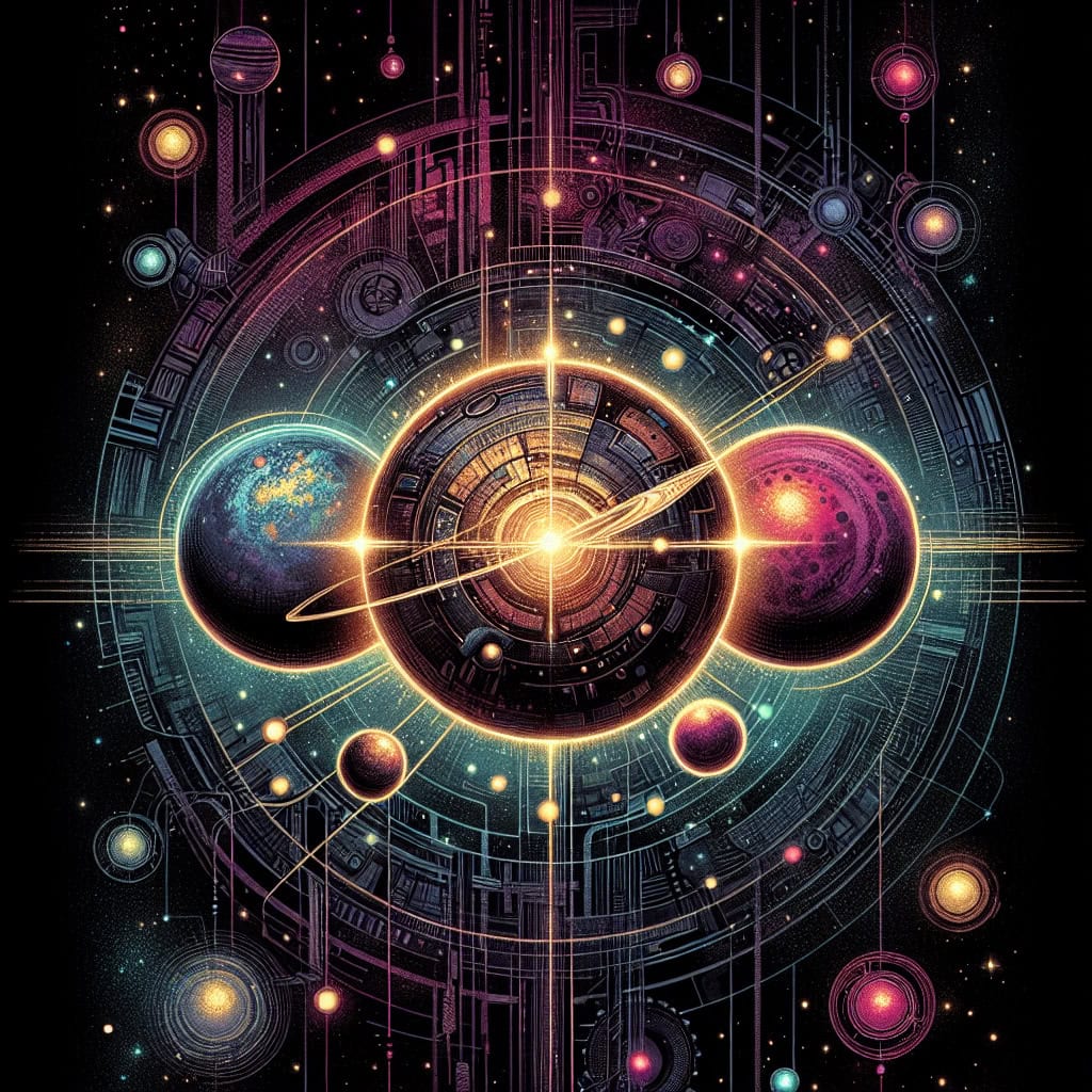 Futuristic sci-fi depiction of Barnard's Star with four orbiting exoplanets