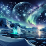 A high-tech balloon over Antarctica detecting cosmic signals in a futuristic style.