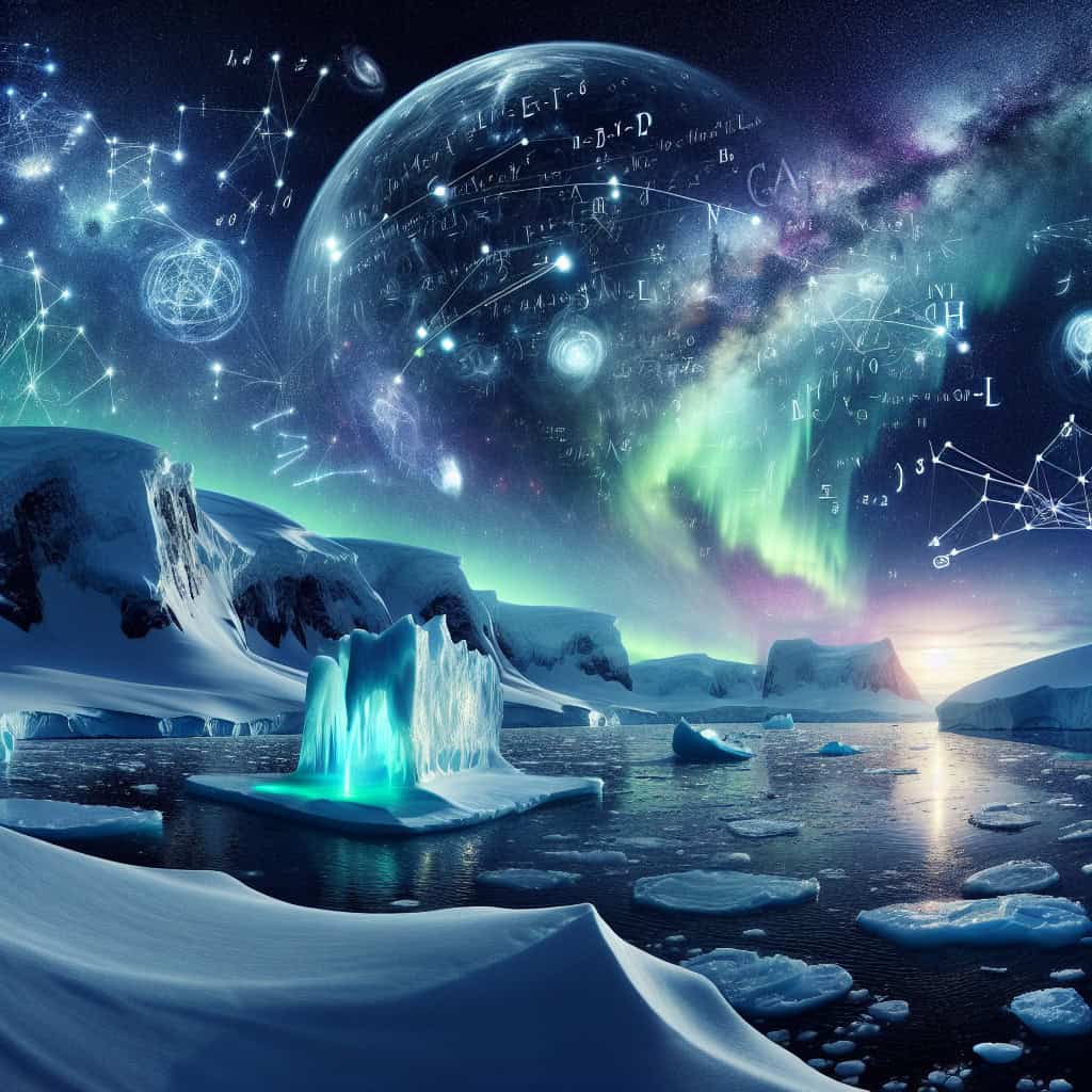 A high-tech balloon over Antarctica detecting cosmic signals in a futuristic style.