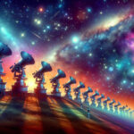 Earth-based telescopes observing cosmic dawn, capturing polarized microwave signals in scientific detail.