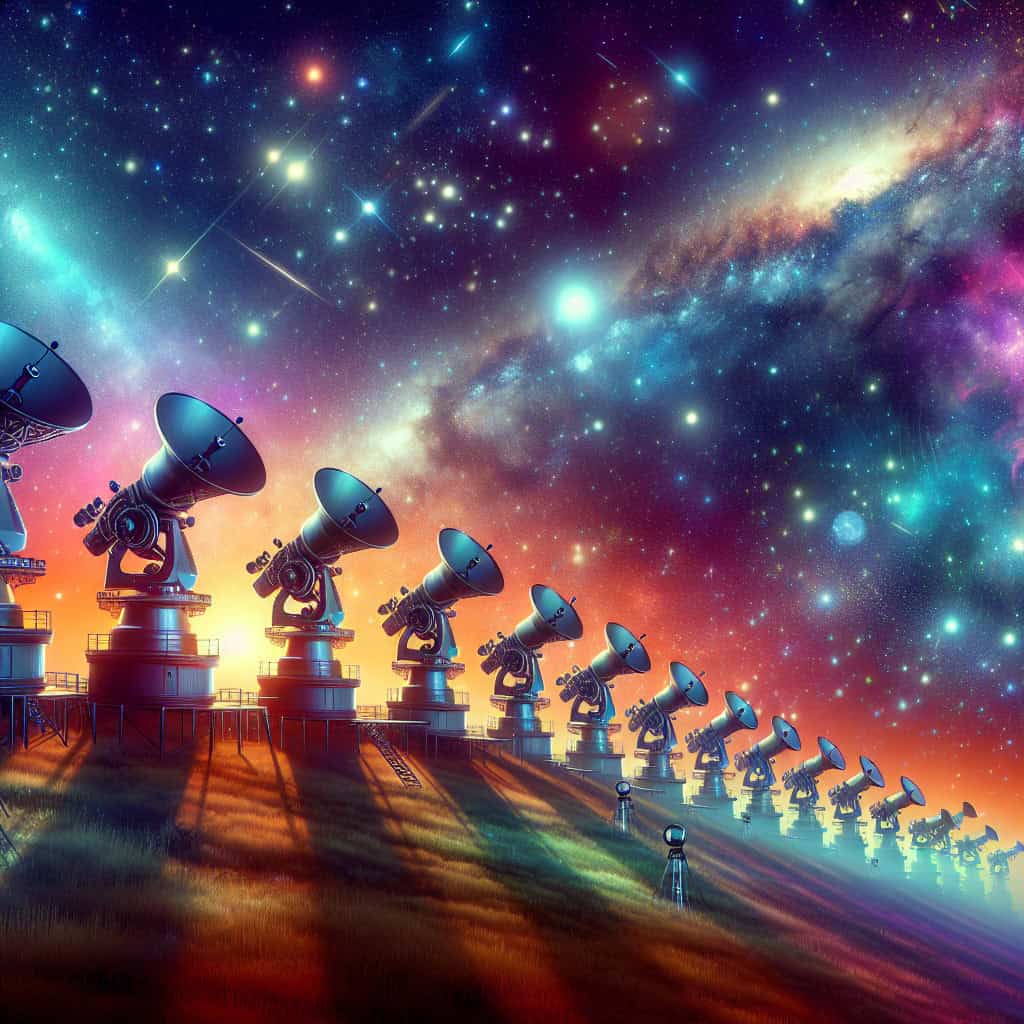 Earth-based telescopes observing cosmic dawn, capturing polarized microwave signals in scientific detail.