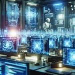 Cyberpunk-style image of a futuristic lab with AI terminals generating code.