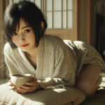 image of a beautiful 20-year-old Taiwanese woman with soft short black hair in a neat bob, kneeling gently with both knees resting on a soft floor cushion drinking coffee