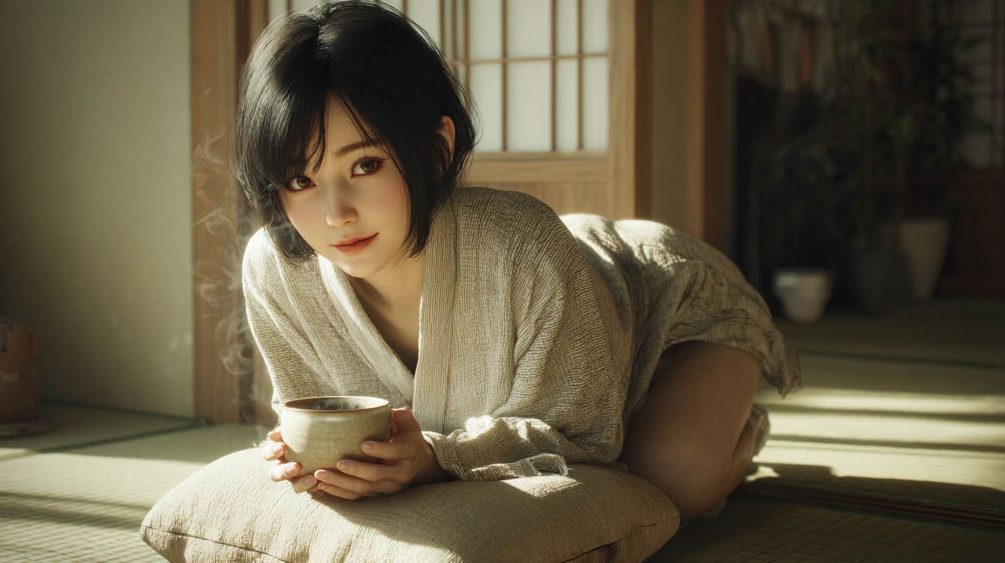 image of a beautiful 20-year-old Taiwanese woman with soft short black hair in a neat bob, kneeling gently with both knees resting on a soft floor cushion drinking coffee