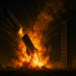 A SpaceX Starship rocket engulfed in flames during a ground test in South Texas, showcasing the challenges of rocket development.