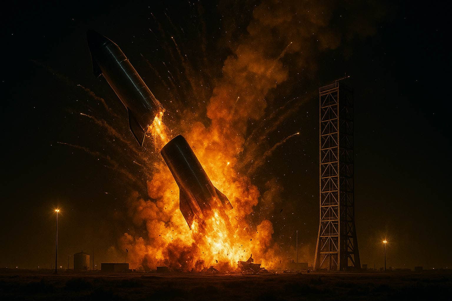 A SpaceX Starship rocket engulfed in flames during a ground test in South Texas, showcasing the challenges of rocket development.