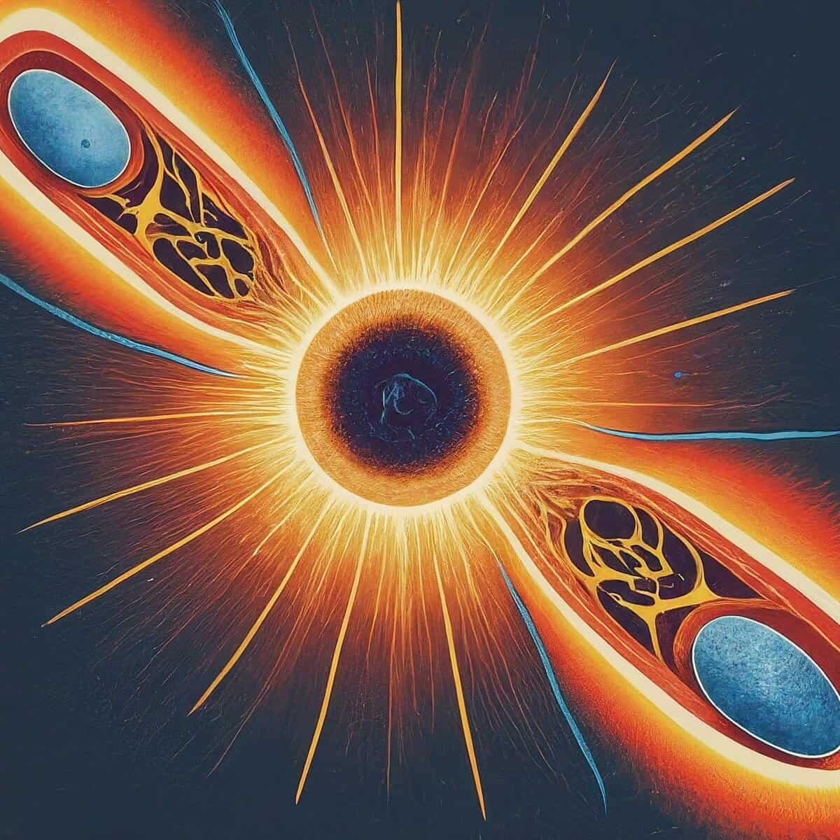 A stylized image of a nebula with a highly luminous core, representing the location and energy of the brightest FRB ever recorded.