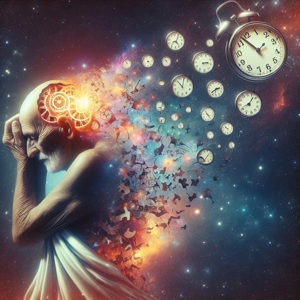 Illustration of Alzheimer's: A Cosmic Dance of Broken Clocks and Sleep
