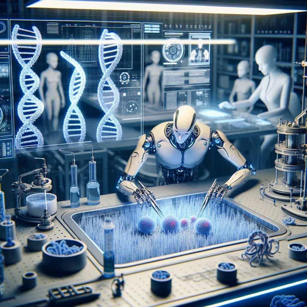 Illustration of AI Crafting Alien Proteins from Bacterial Blueprints