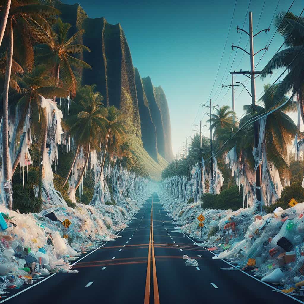 Illustration of Hawaii's Plastic Roads: Sci-Fi Solution or Eco-Dystopia?