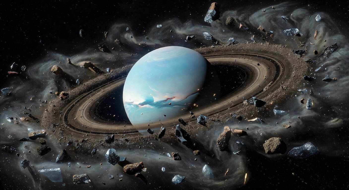 Illustration of Uranus' Peculiar Rings: Tracing Cosmic Debris to Their Violent Origins