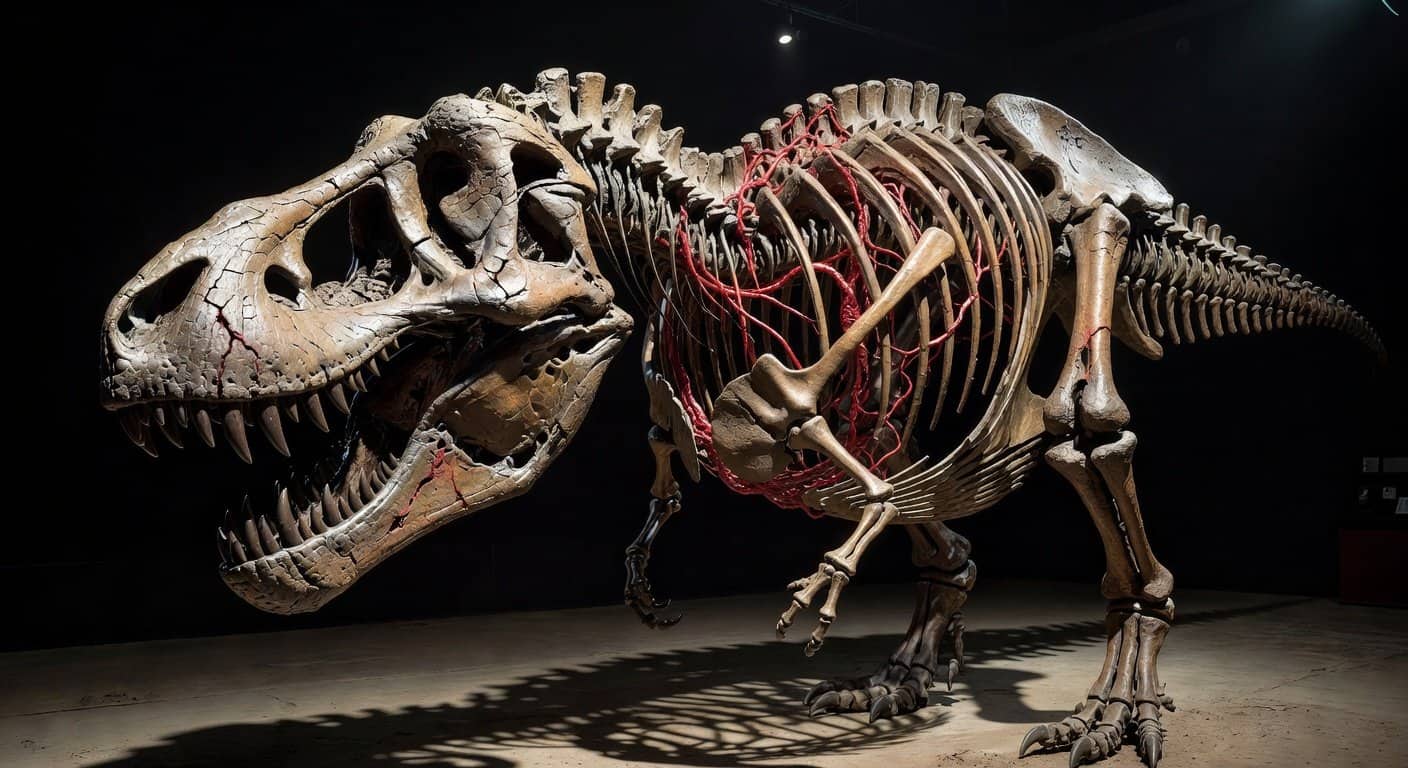 Illustration of T. Rex Bio-Horror: Blood Vessels Expose Ancient Trauma