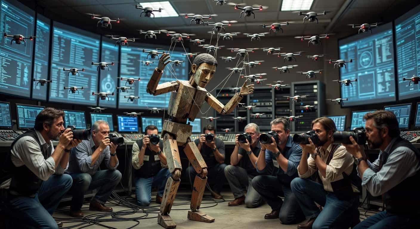 Illustration of Digital Puppetry: AI Swarms & Democracy's Looming Threat